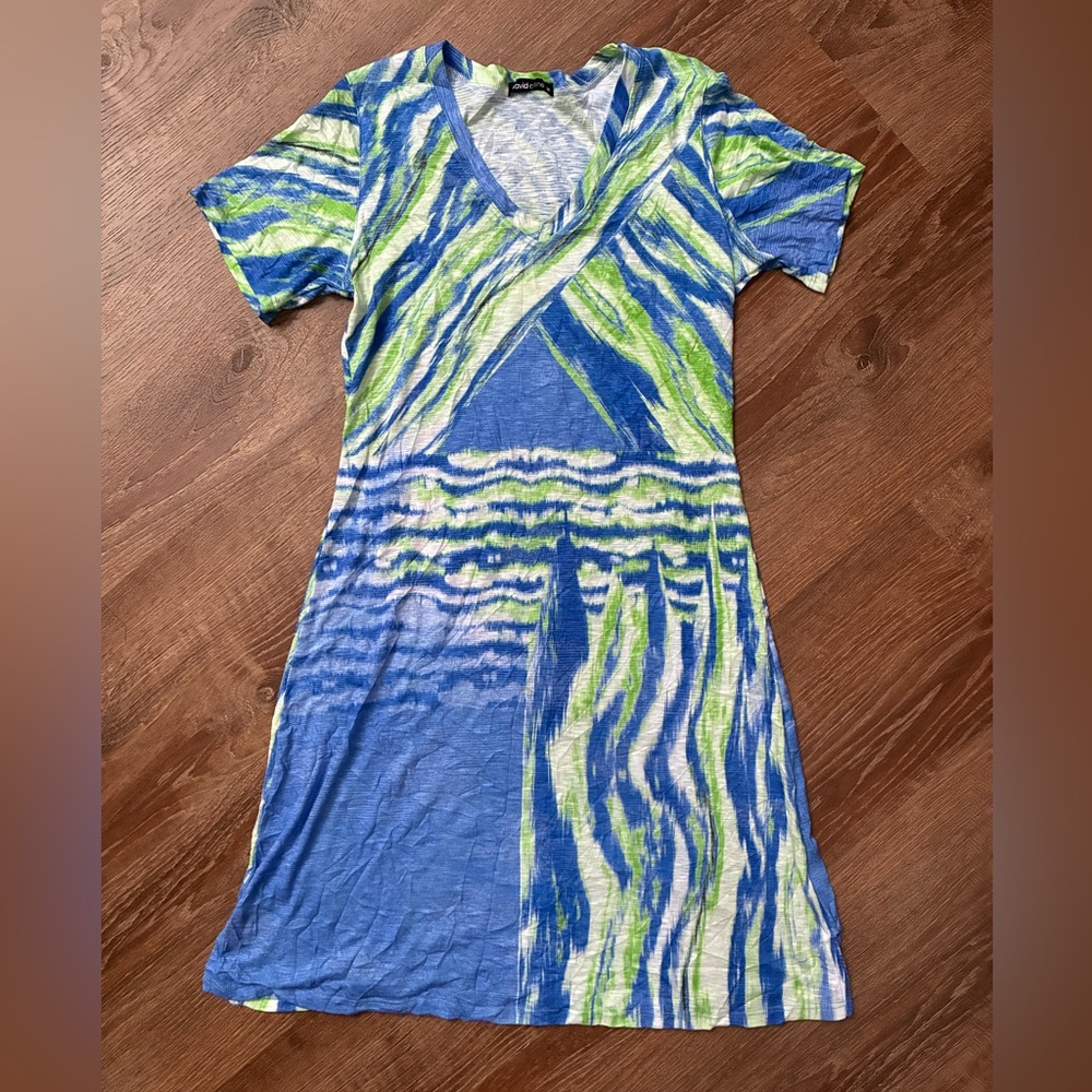 David Cline Blue & Green “Cold” Crushed Short Sleeve T-Shirt Dress